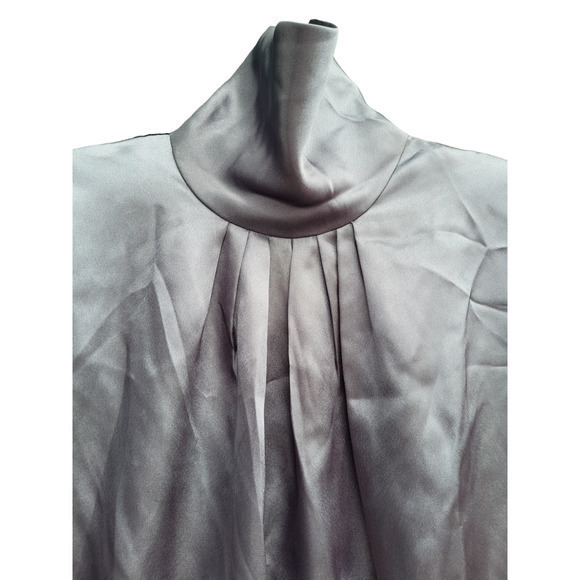 Vintage 80s David Benjamin Satin High Collar Drape Neck Puffy Shoulder Blouse - Picture 5 of 7